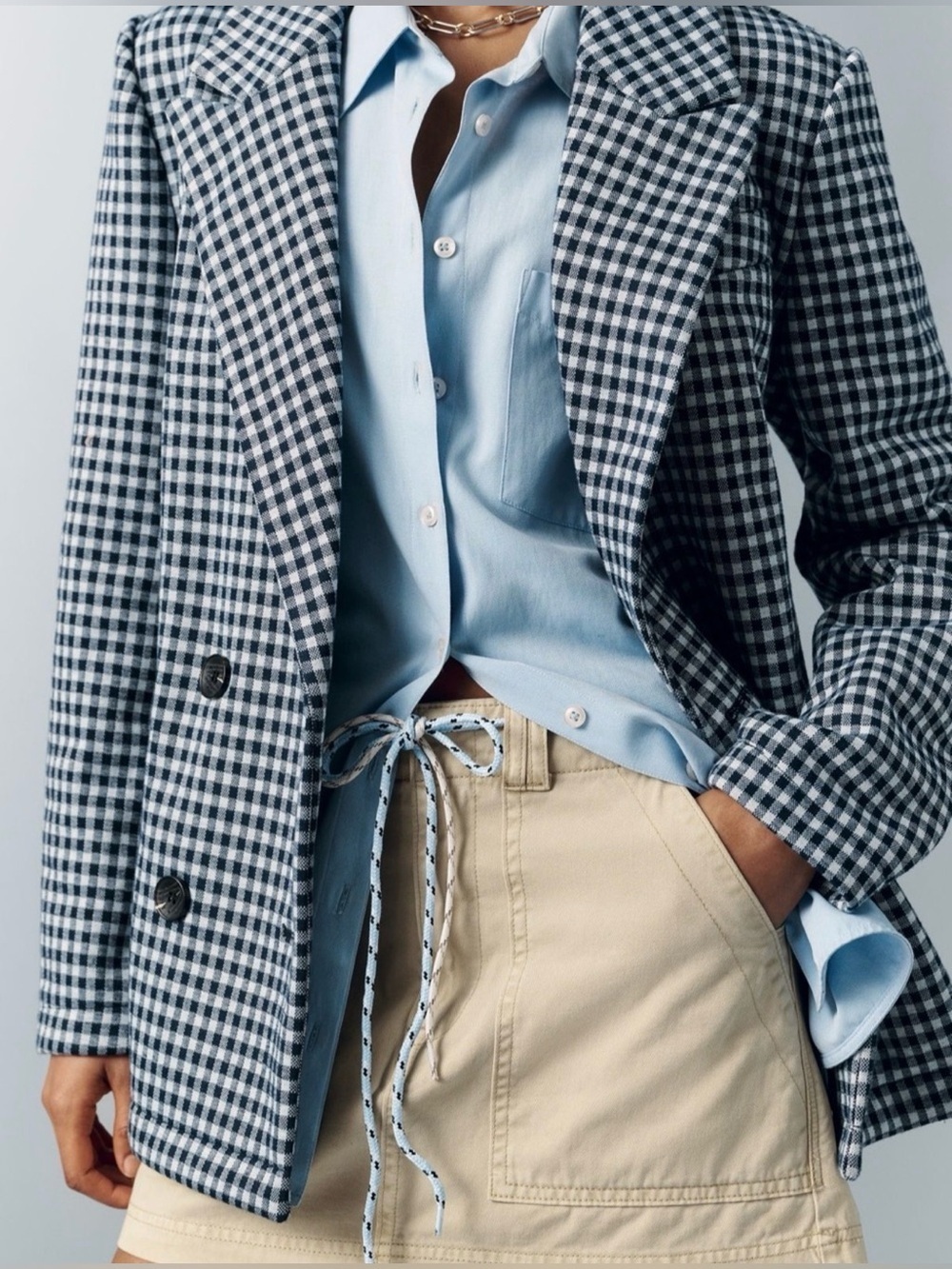 Avec Les Filles Gingham Blazer Navy White Double Breasted XS Petite